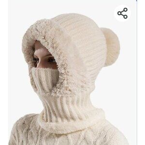 Womens Cream Colored Knit Hat Winter Scarf Mask Set Snow Caps Plush Earmuff Skul